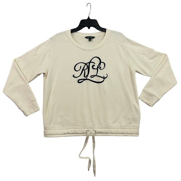 Ralph Lauren Sweatshirt Womens Large White Fleece Drawstring Cursive Script Logo - Picture 1 of 11